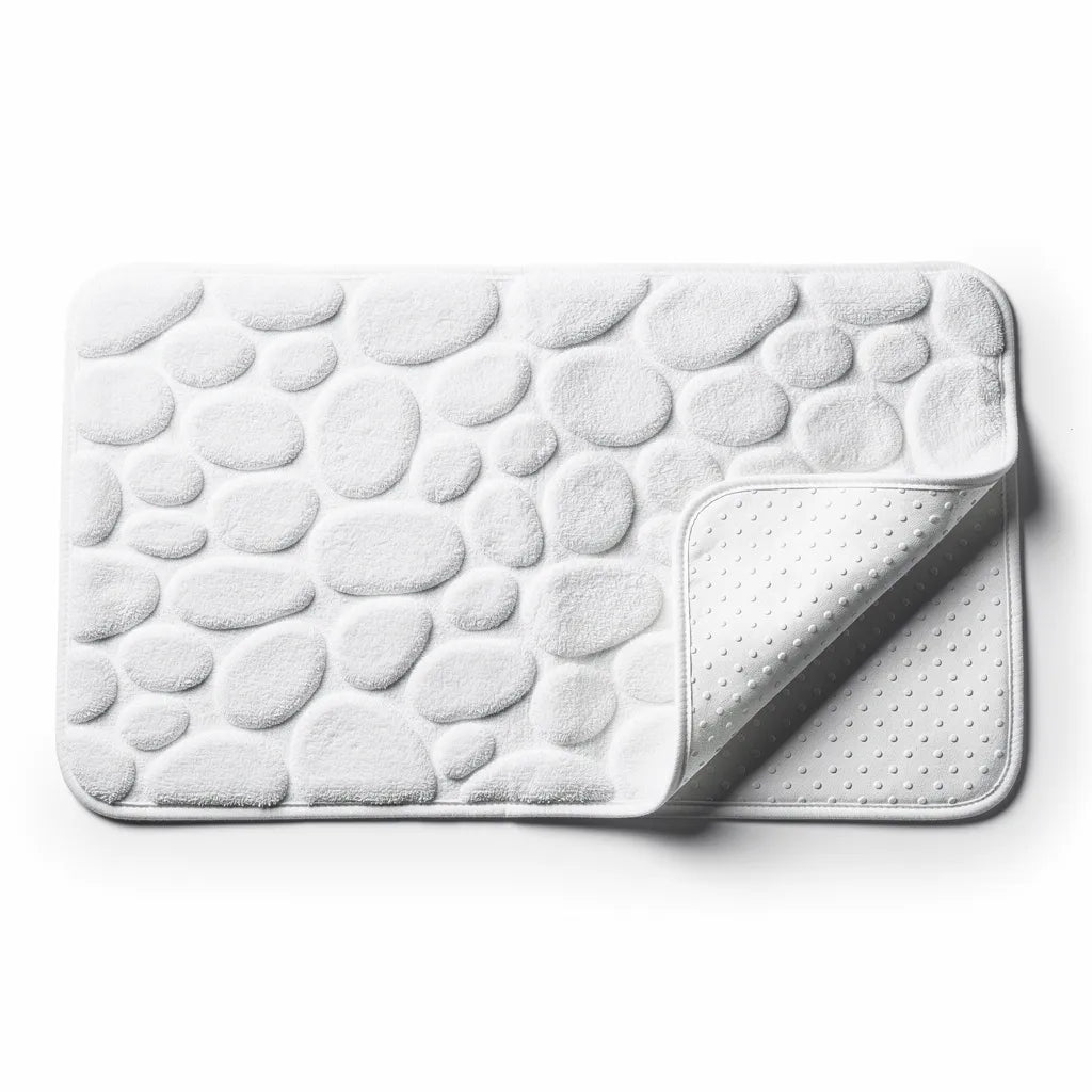 Tapete antiderrapante absorvente cor Branco em algodão com padrão seixos em relevo em fundo branco - Vittara Decor