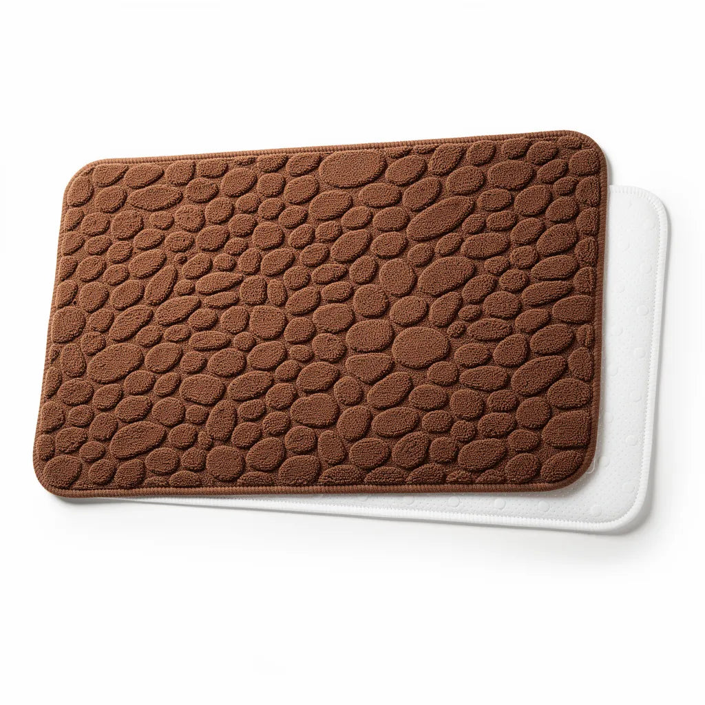 Tapete antiderrapante absorvente cor Marrom em algodão com padrão seixos em relevo em fundo branco - Vittara Decor