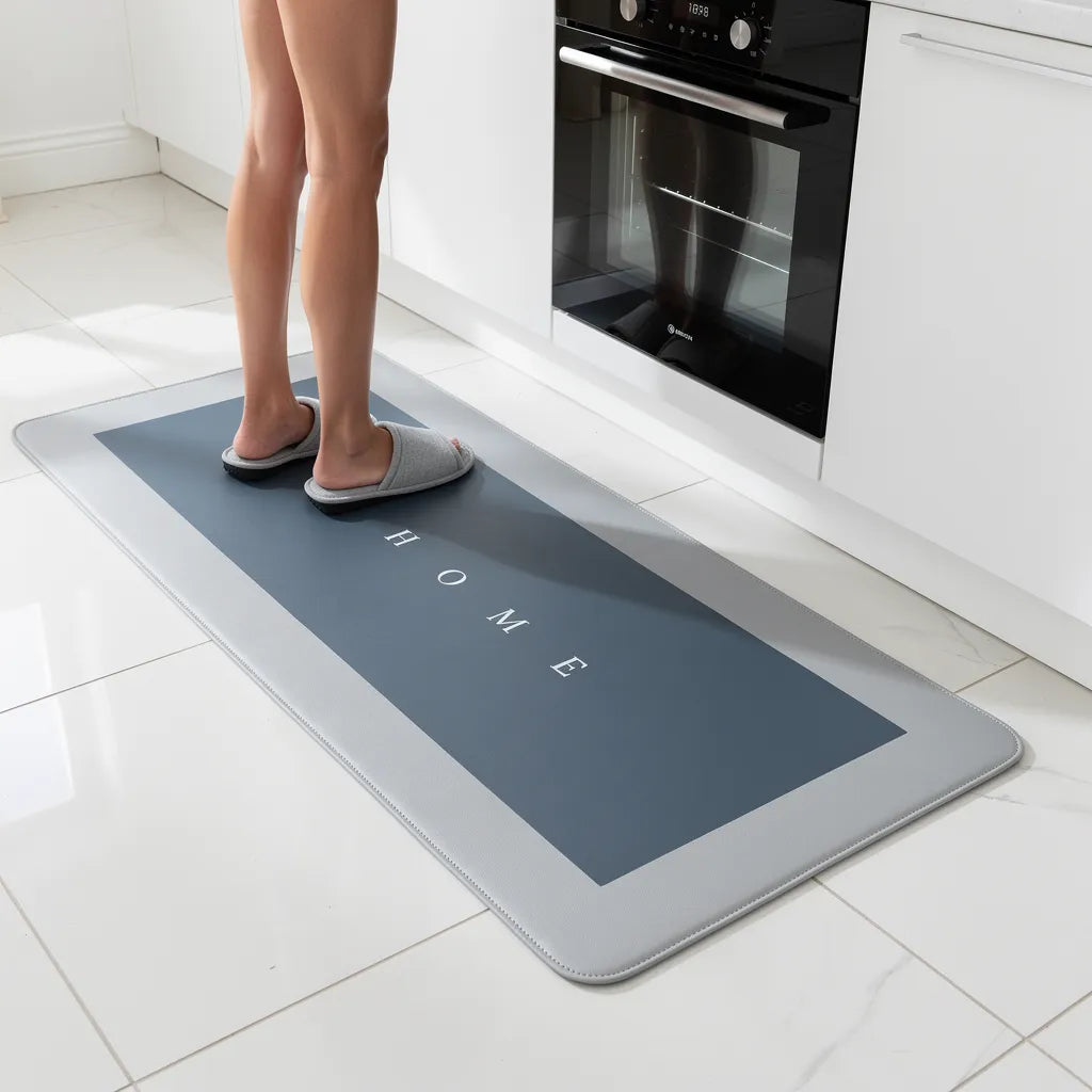 Tapete antiderrapante cozinha azul com pessoa de chinelo em frente ao forno embutido em cozinha branca moderna - Vittara Decor