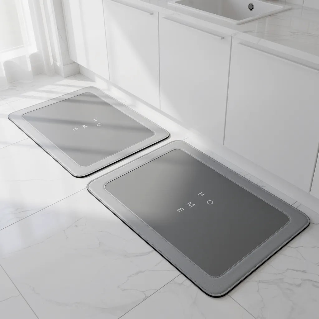 Tapete antiderrapante para cozinha cinza claro com padrão HOME em dois tamanhos na cozinha moderna branca - Vittara Decor