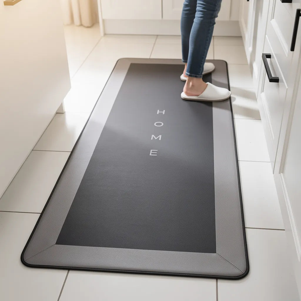 Tapete antiderrapante cozinha preto 40x120cm no corredor com pessoa de chinelo branco caminhando sobre o tapete - Vittara Decor