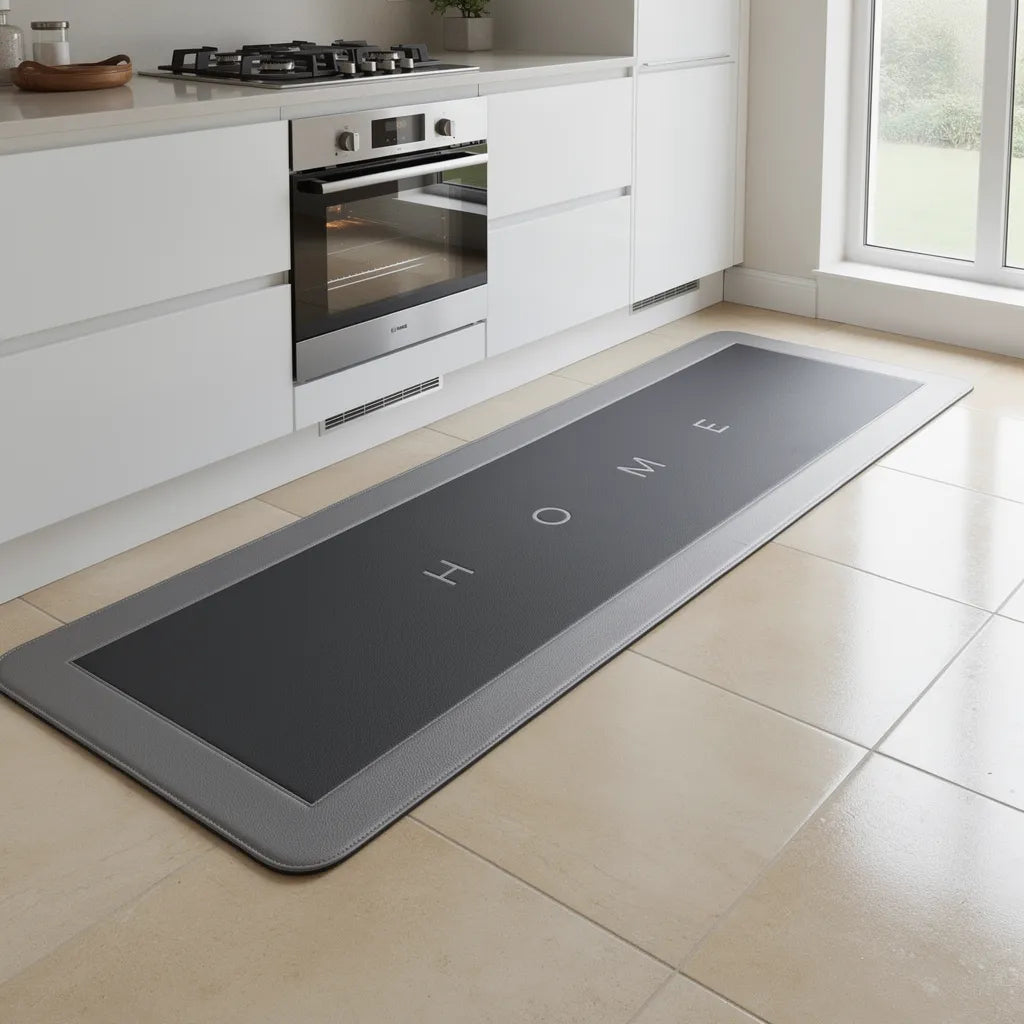 Tapete antiderrapante cozinha preto dois tamanhos em cozinha ampla com forno built-in e janela com luz natural - Vittara Decor