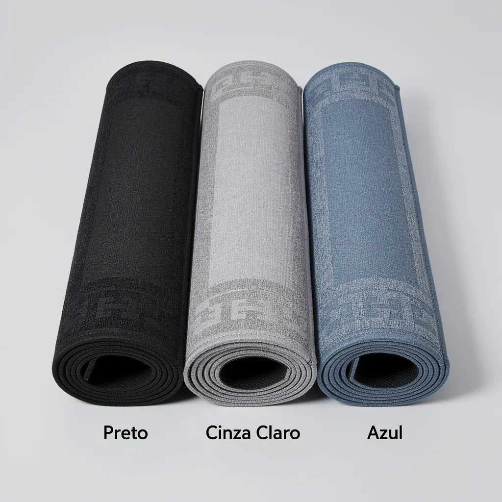 Tapete cozinha disponível em três cores enrolados: preto cinza claro e azul mostrando a construção em camadas com base de borracha - Vittara Decor