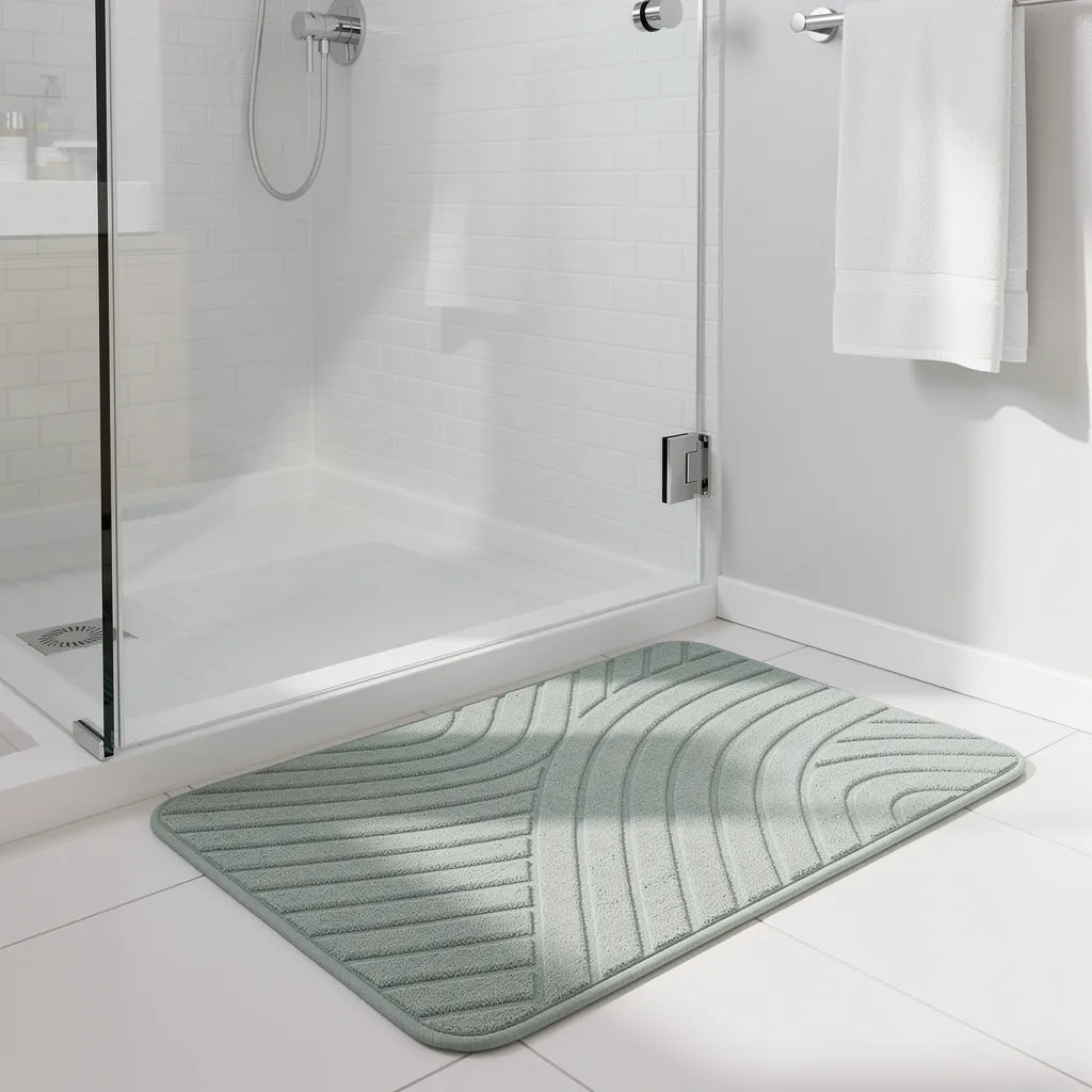 Tapete de diatomita cinza claro posicionado na saída do box de vidro em banheiro moderno com azulejo branco - Vittara Decor