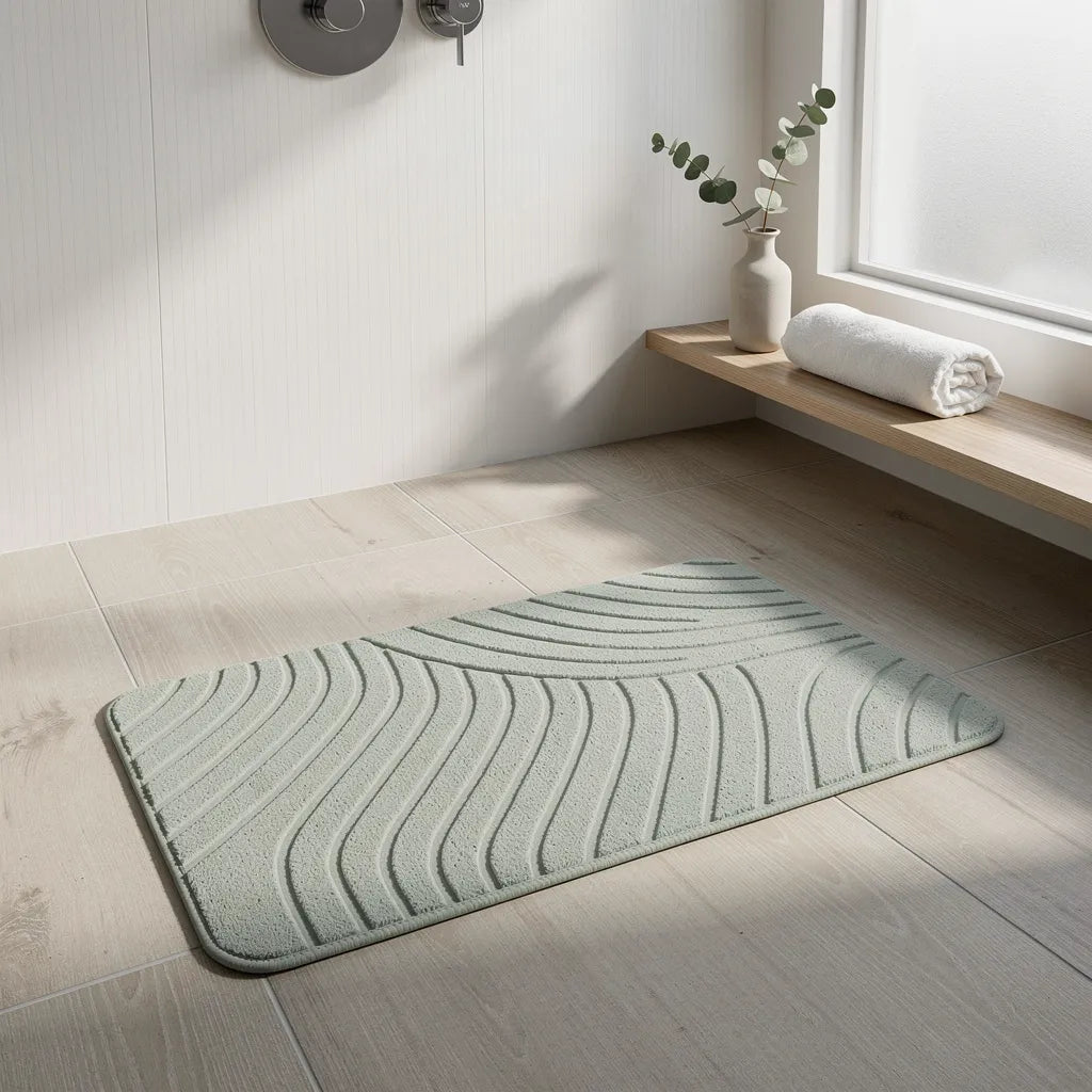 Tapete de diatomita cinza claro em banheiro estilo spa nórdico com piso madeira toalha enrolada e planta de eucalipto - Vittara Decor