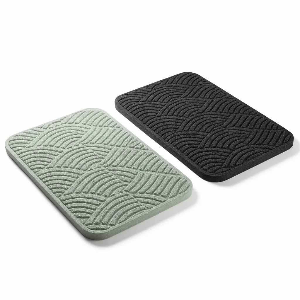 Tapete de diatomita disponível em duas cores lado a lado: cinza claro e cinza escuro com padrão ondulado em relevo - Vittara Decor