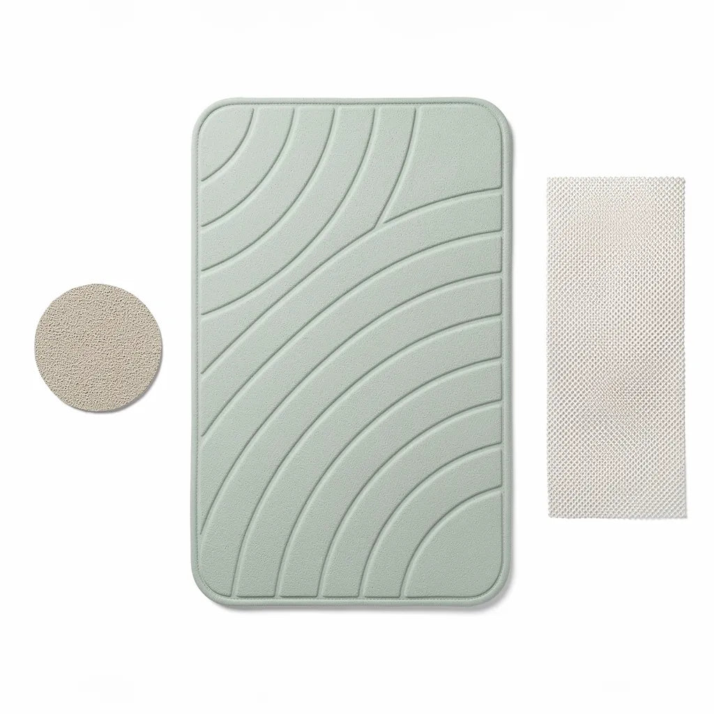 Flat lay do tapete de diatomita cinza claro com lixa de manutenção e malha antiderrapante inclusos no kit - Vittara Decor