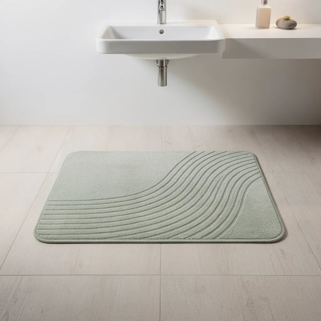 Tapete de diatomita cinza claro em lavabo minimalista em frente a pia branca com dispenser de sabonete líquido - Vittara Decor