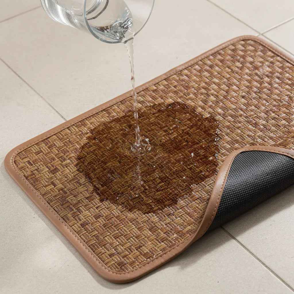 Água sendo derramada sobre o tapete antiderrapante geométrico marrom mostrando absorção imediata na superfície trançada - Vittara Decor