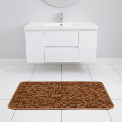Tapete antiderrapante lavável marrom 45x80cm posicionado em frente ao lavatório em banheiro moderno com piso branco - Vittara Decor