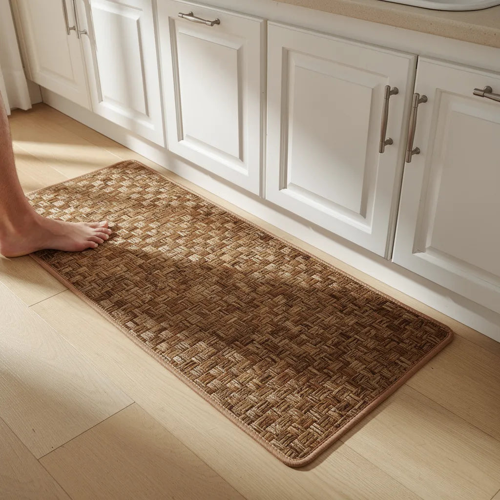 Tapete antiderrapante lavável marrom 45x150cm runner comprido em cozinha branca clássica com pessoa pisando - Vittara Decor