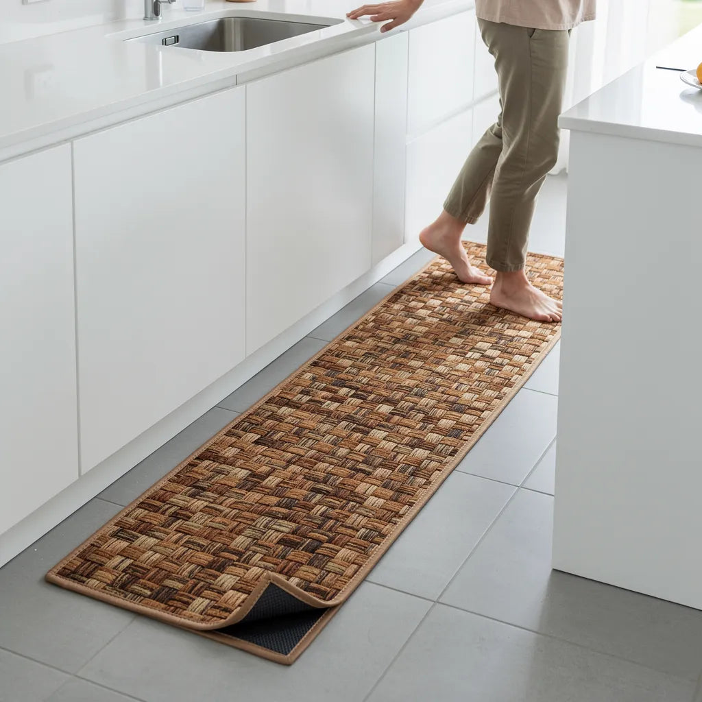 Tapete antiderrapante lavável com padrão geométrico marrom em dois tamanhos na cozinha moderna com pessoa pisando - Vittara Decor