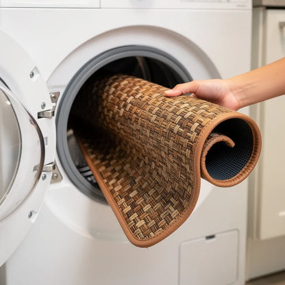 Tapete antiderrapante lavável com padrão geométrico sendo colocado na máquina de lavar demonstrando que é lavável - Vittara Decor