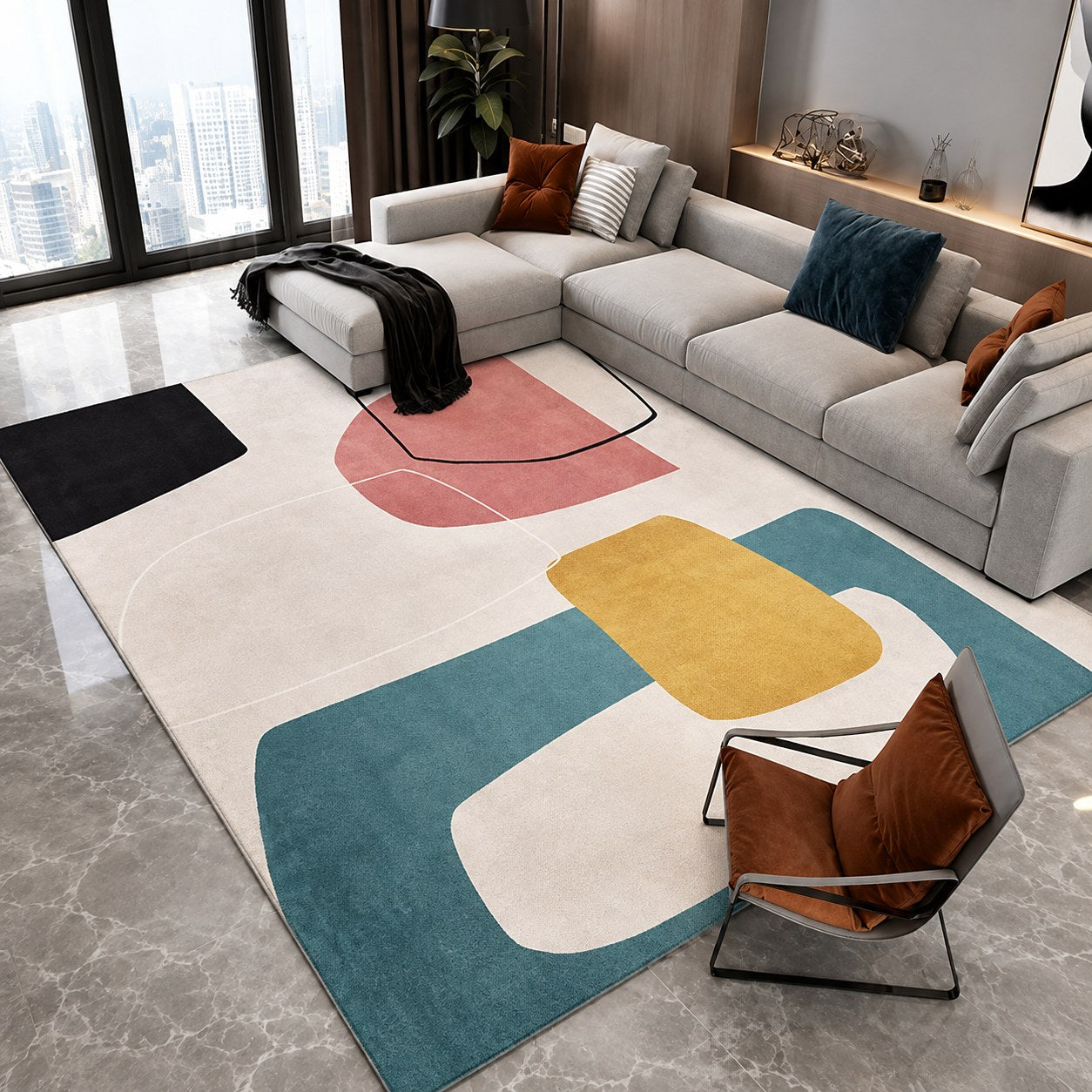 Tapete aveludado estampa Blocos Coloridos em sala de estar ampla - Vittara Decor