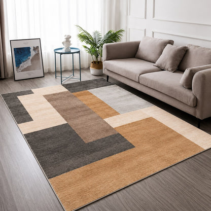 Tapete aveludado estampa Blocos Terrosos em sala com sofá bege - Vittara Decor