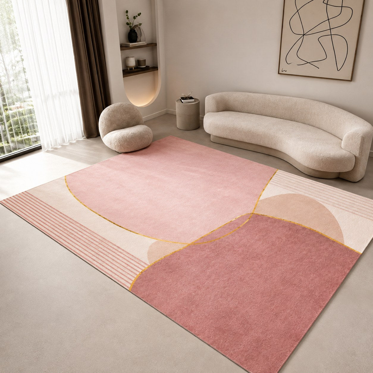 Tapete aveludado estampa Degradê Rosé em sala com sofá curvo claro - Vittara Decor