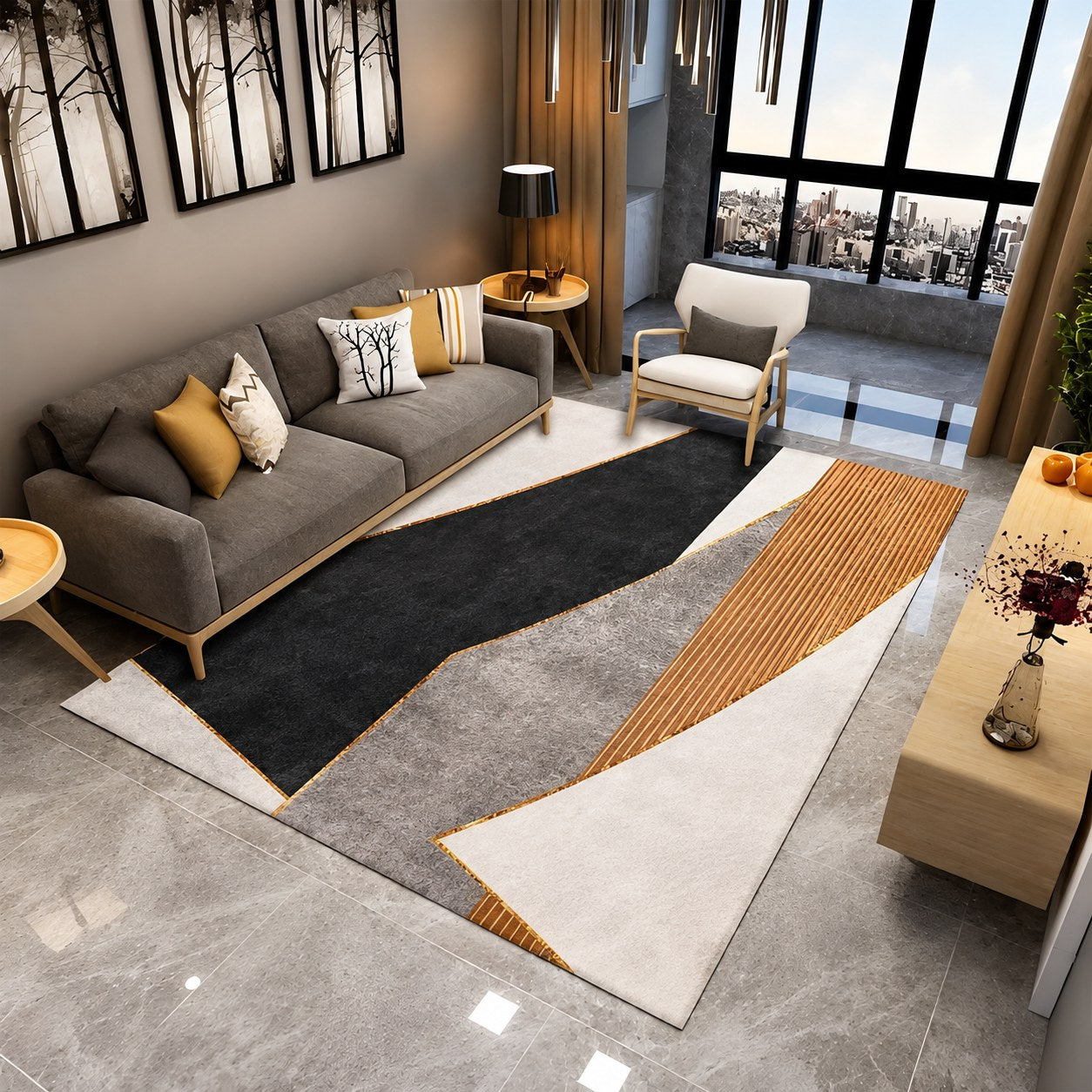 Tapete aveludado estampa Diagonal Dourada em sala de estar moderna - Vittara Decor