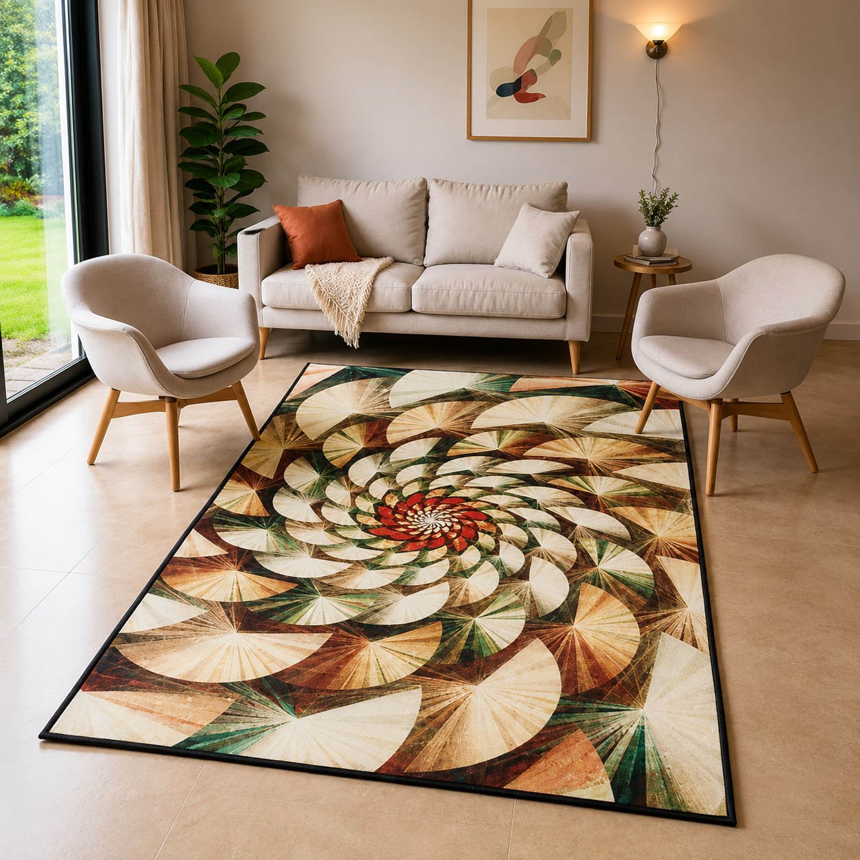 Tapete aveludado estampa Mandala Vintage entre poltronas na sala - Vittara Decor