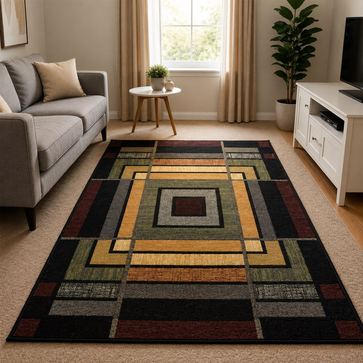 Tapete aveludado estampa Quadros Concêntricos em sala de estar - Vittara Decor