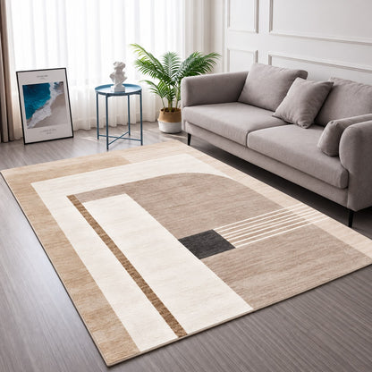 Tapete aveludado estampa Retângulos Bege em sala com sofá cinza - Vittara Decor