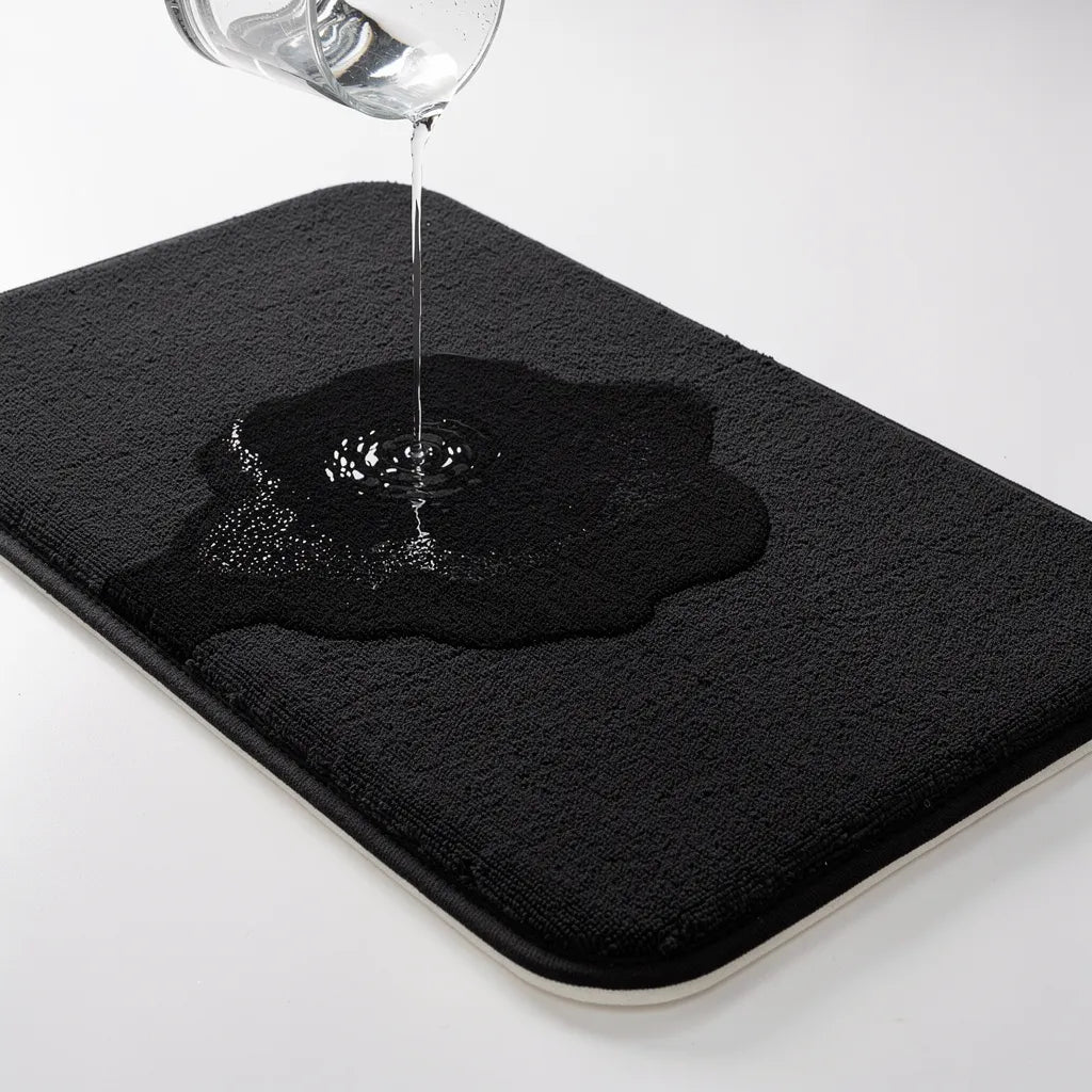 Água sendo derramada sobre o tapete veludo preto mostrando absorção instantânea na superfície de microfibra sem deixar poça - Vittara Decor