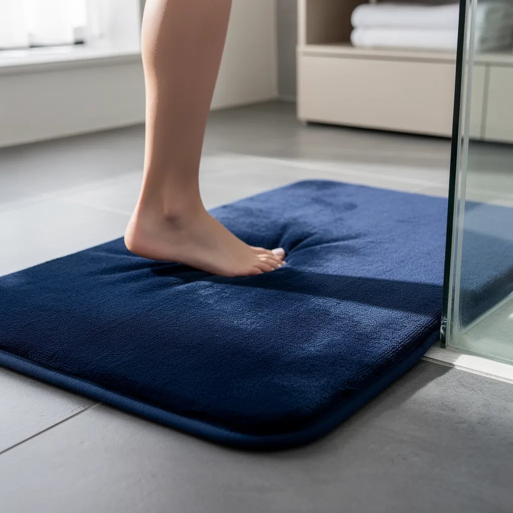 Tapete antiderrapante veludo azul marinho com pé pisando na saída do box em banheiro moderno com piso cinza - Vittara Decor