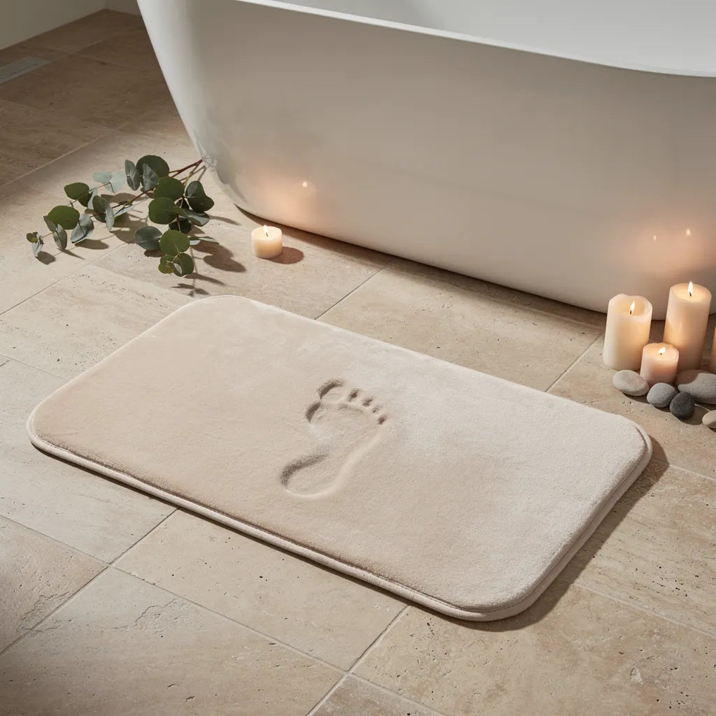 Tapete antiderrapante veludo bege em banheiro estilo spa nórdico com velas eucalipto e banheira branca - Vittara Decor