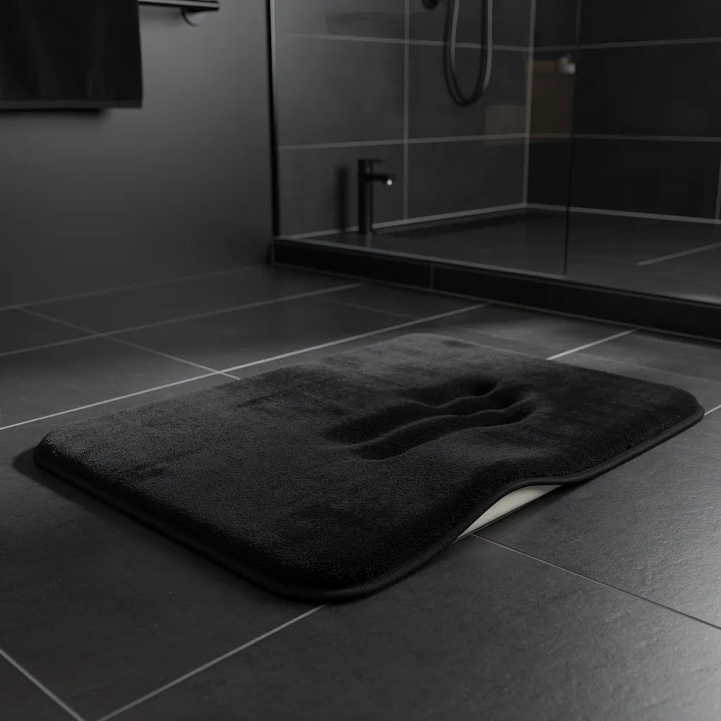 Tapete antiderrapante veludo preto em banheiro moderno sofisticado com piso porcelanato escuro e box de vidro - Vittara Decor