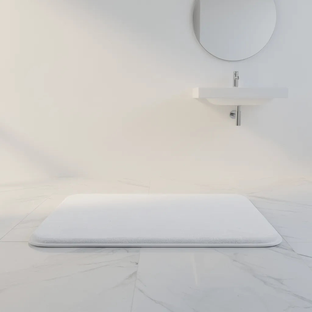 Tapete veludo branco em lavabo minimalista em frente à pia de parede branca com torneira cromada e espelho - Vittara Decor