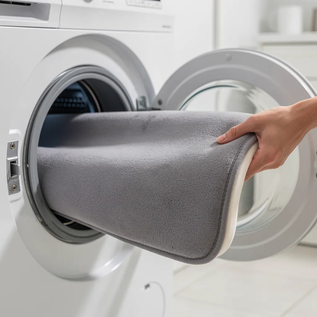 Tapete veludo cinza sendo colocado na máquina de lavar demonstrando que é lavável na máquina sem perder a textura - Vittara Decor